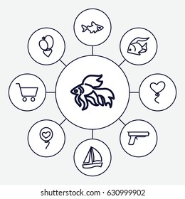 Eps10 icons set. set of 9 eps10 outline icons such as fish, heart baloons, shopping cart, gun