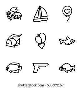 Eps10 icons set. set of 9 eps10 outline icons such as fish, heart baloons, gun