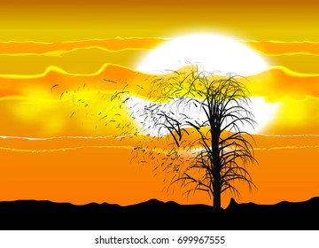 eps10. Illustration of several silhouette of a tree under an African sun and clouds. A strong wind breaking branches.