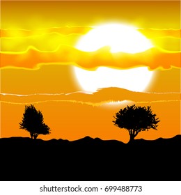 eps10. Illustration of several tree silhouette under the African sun and clouds.