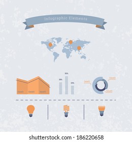 EPS10 infographic elements with ribbon, light bulb set and diagrams for report, web site design, presentation - orange, blue version