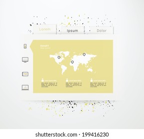 EPS10 layout design with flat icon set, world map and splash background for web site, application, statistic - yellow, grey, black version