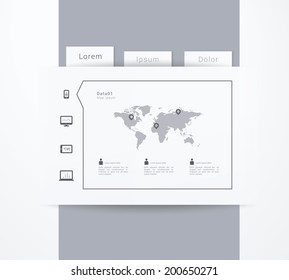 EPS10 layout design with flat icon set and world map for web site, application, statistic - grey version