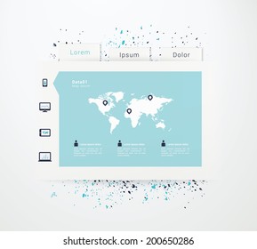 EPS10 layout design with flat icon set, world map and splash background for web site, application, statistic - blue version