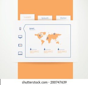 EPS10 layout design with flat icon set, world map and splash background for web site, application, statistic - orange, blue version