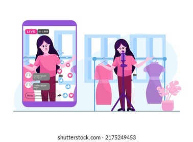 EPS10 livestream online shop online selling woman explaining her clothes vlogging business vector conceptual flat illustration