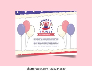 EPS10 minimalist 4th of july happy independence day flat illustration with uncle sam hat, music notes, balloons, stars, paper cut out star spangled banner flag concept card vector design template