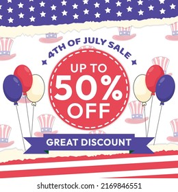 EPS10 minimalist 4th of july happy independence day sale up to 50% off great discount holiday vector design with uncle sam hat pattern, colorful balloons, and paper style cut out star spangled banner