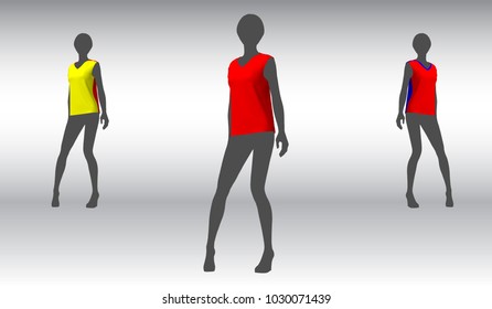 eps10. A mock up sample of a female t-shirt on a flat silhouette of a model. Texture of tissue in a cage. Vector illustration