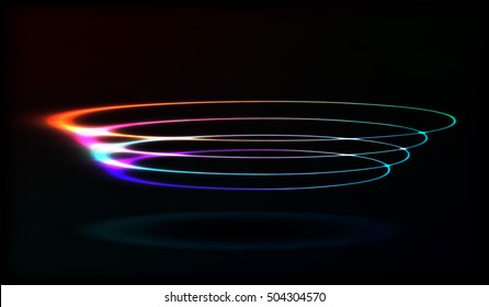 EPS10. Neon blurry circles at motion . Vector swirl trail effect . Abstract luminous rings slow shutter speed effect . Bokeh glitter round shapes . lights at motion exposure