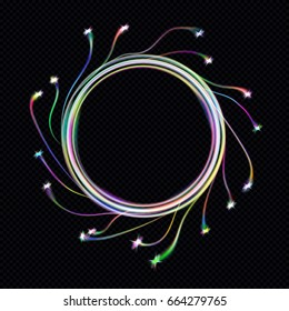 EPS10. Neon blurry circles at motion . Vector swirl trail effect . Abstract luminous rings slow shutter speed effect . Bokeh glitter round shapes . lights at motion exposure