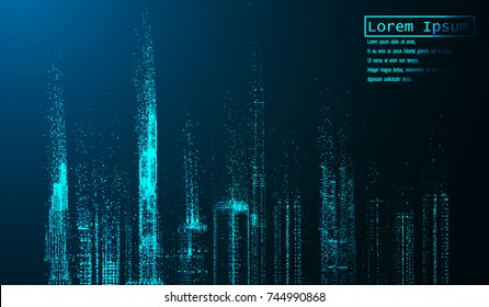 eps10. Night city with glowing light effects. Urban cityscape. Shining glitter particles allocated on neutral background. Space for your message. vector illustration.