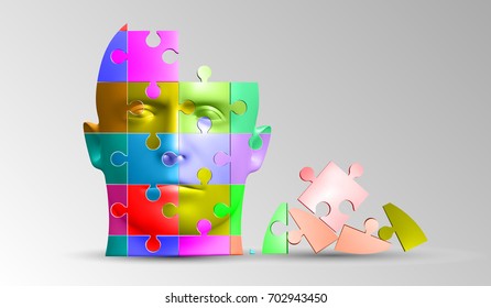 eps10. A person's face consists of a multi-colored puzzle. Vector illustration of a logical task