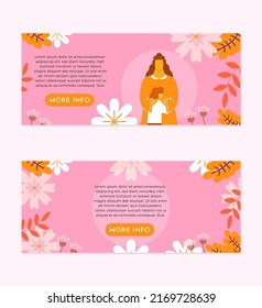 EPS10 pink lovely mother and daughter hugging flat illustration on a floral background banner set with description box and an orange more info button perfect for your website