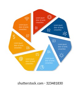 EPS10 polygonal infographic diagram with triangle parts and rounded corners. Circular connected chart with 7 options. Progress steps for tutorial. Business concept sequence banner, process layout.