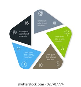 EPS10 polygonal infographic diagram with triangle parts and rounded corners. Circular connected chart with 5 options. Progress steps for tutorial. Business concept sequence banner, process layout.