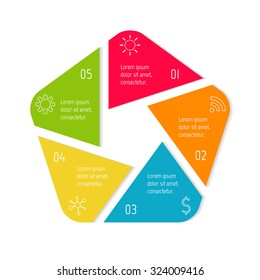 EPS10 polygonal infographic diagram with triangle parts and rounded corners. Circular connected chart with 5 options. Progress steps for tutorial. Business concept sequence banner, process layout.