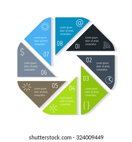 EPS10 polygonal infographic diagram with triangle parts and rounded corners. Circular connected chart with 8 options. Progress steps for tutorial. Business concept sequence banner, process layout.