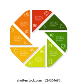 EPS10 polygonal infographic diagram with triangle parts and rounded corners. Circular connected chart with 8 options. Progress steps for tutorial. Business concept sequence banner, process layout.