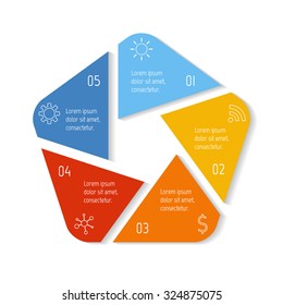 EPS10 polygonal infographic diagram with triangle parts and rounded corners. Circular connected chart with 5 options. Progress steps for tutorial. Business concept sequence banner, process layout.
