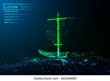 Eps10. A polygonal vector boat sailing on sea waves. Grid illustration. Concept for business