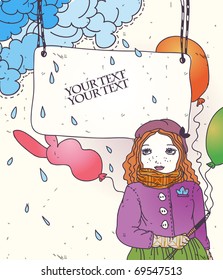 eps10 pretty girl with colorful balloons walking in a rainy weather