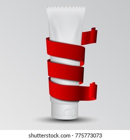 eps10. Realistic red velvet glossy paper tape around a white bottle. Vector illustration