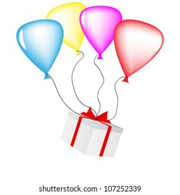 EPS10: Red gift box carried towards the sky by colorful balloons
