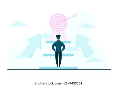 EPS10 a risk-taking businessman with goals progress bull’s eye with an arrow on it and stairs with clouds on the background