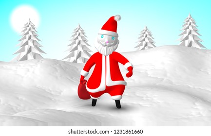 EPS10. Santa Claus with a bag of Christmas presents sneaks through snowdrifts of snow. In the background a Christmas tree. New Year 2019. Vector illustration.