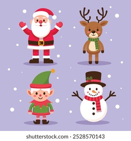 EPS10 Santa Claus, a reindeer, an elf, and a snowman stand together on a bright purple background, surrounded by snowflakes and Christmas cheer.Set 