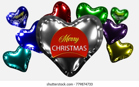 eps10. Scroll Red, Merry Christmas, realistic paper banners On a background of inflatable glossy balls in a heart shape. Vector illustration.