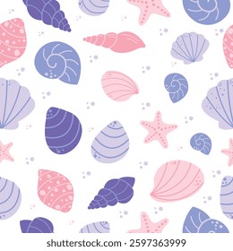 EPS10 Seamless seashell pattern. A vibrant doodle-style design featuring tropical ocean and marine mineral formations with cartoon shells in vector format