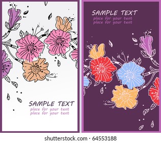 eps10 set of 2 cards with fantasy hand drawn flowers