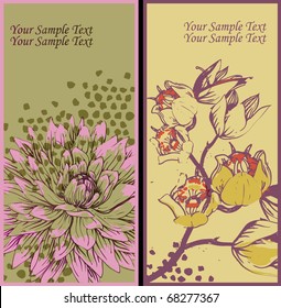 eps10 set of  2   hand drawn cards with  blooming flowers