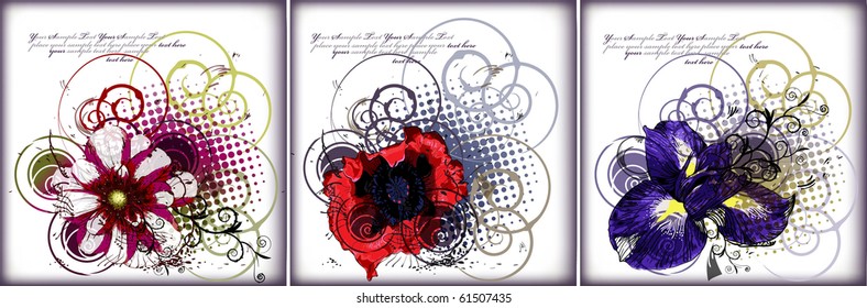 eps10 set of 3 cards with bright flowers