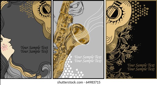 eps10 set of 3 hand drawn cards on the theme music and musical instruments