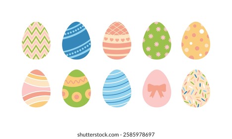 EPS10 A set of bright and colorful Easter eggs decorated with flowers, hearts, lines, dots, bows, and other intricate patterns. 