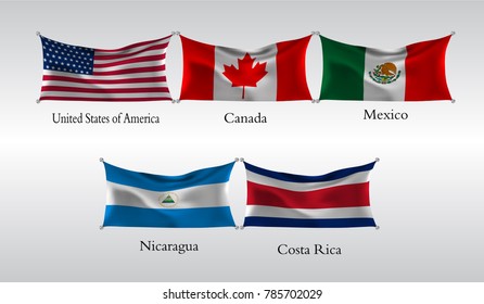 eps10. Set Flags of The Americas. Waving flag of United States of America,USA, Canada, Mexico, Nicaragua, Costa Rica. Vector illustration