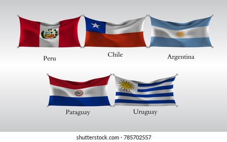 eps10. Set Flags of The Americas. Waving flag of Peru, Chile,Argentina, Paraguay, Uruguay . Vector illustration