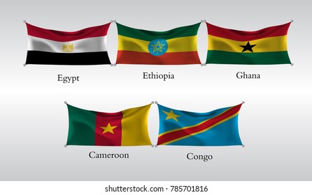 eps10. Set Flags of Countries in Africa. Waving flag of Egypt, Ethiopia, Ghana, Cameroon, Congo. Vector illustration