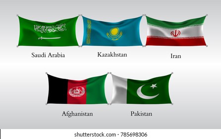 eps10. Set Flags of Countries in Asia. Waving flag of Saudi Arabia, Kazakhstan, Iran, Afganistan, Pakistan. Vector illustration