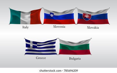 eps10. Set Flags of European countries. Waving flag of Italy, Slovenia, Slovakia, Greece, Bulgaria. Vector illustration