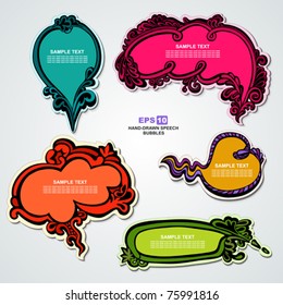 EPS10, Set of hand-drawn multicolored speech bubbles with floral elements for decoration and design (stickers elegant collection)