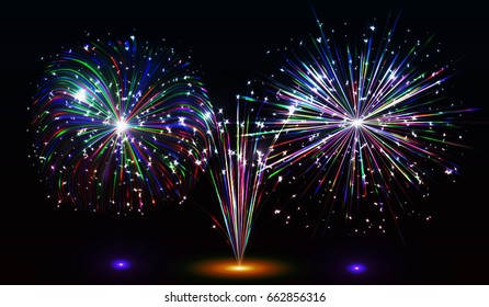 eps10. Set Isolated vector fireworks on a dark background.
