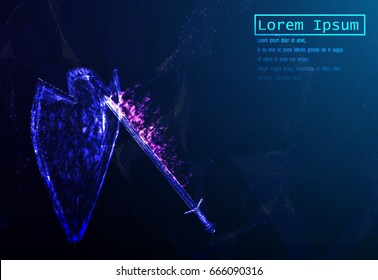 EPS10. The shield protects from damage to the sword consisting of polygons. The concept of data protection. Low poly vector illustration of a starry sky or space. consists of lines, dots and shapes.