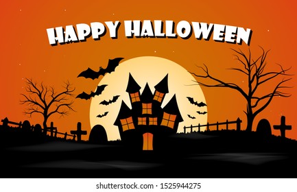 EPS10 Silhouette Halloween full moon house with orange sky scene background. Vector illustration.