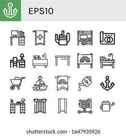 eps10 simple icons set. Contains such icons as Anchor, Desk, Banner, Watering can, Greyscale, Wheelbarrow, Sailboat, Bookmark, Film camera, can be used for web, mobile and logo