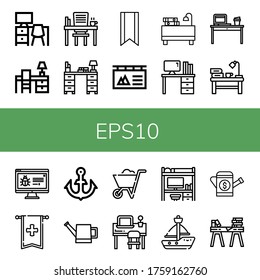 eps10 simple icons set. Contains such icons as Desk, Bookmark, Banner, Anchor, Watering can, Wheelbarrow, Sailboat, can be used for web, mobile and logo