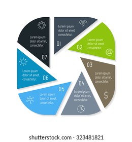 EPS10 square infographic diagram with triangle parts and rounded corners. Circular connected chart with 7 options. Paper progress steps for tutorial. Business concept sequence banner, process layout.